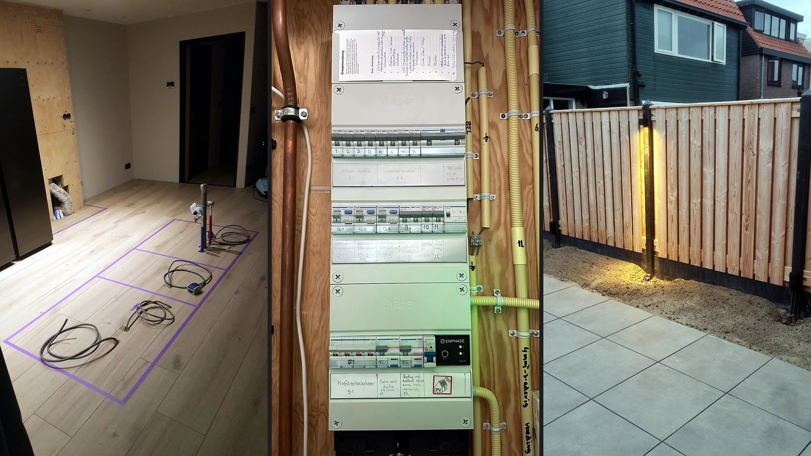 Drie elektraprojecten: keukenvoorbereiding, groepenkast en buitenverlichting